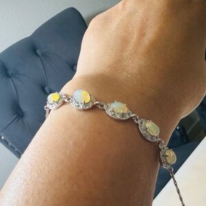 Opal Bracelet, 7-Inch Adjustable Dainty Cross-Linked Link Silver Bracelet